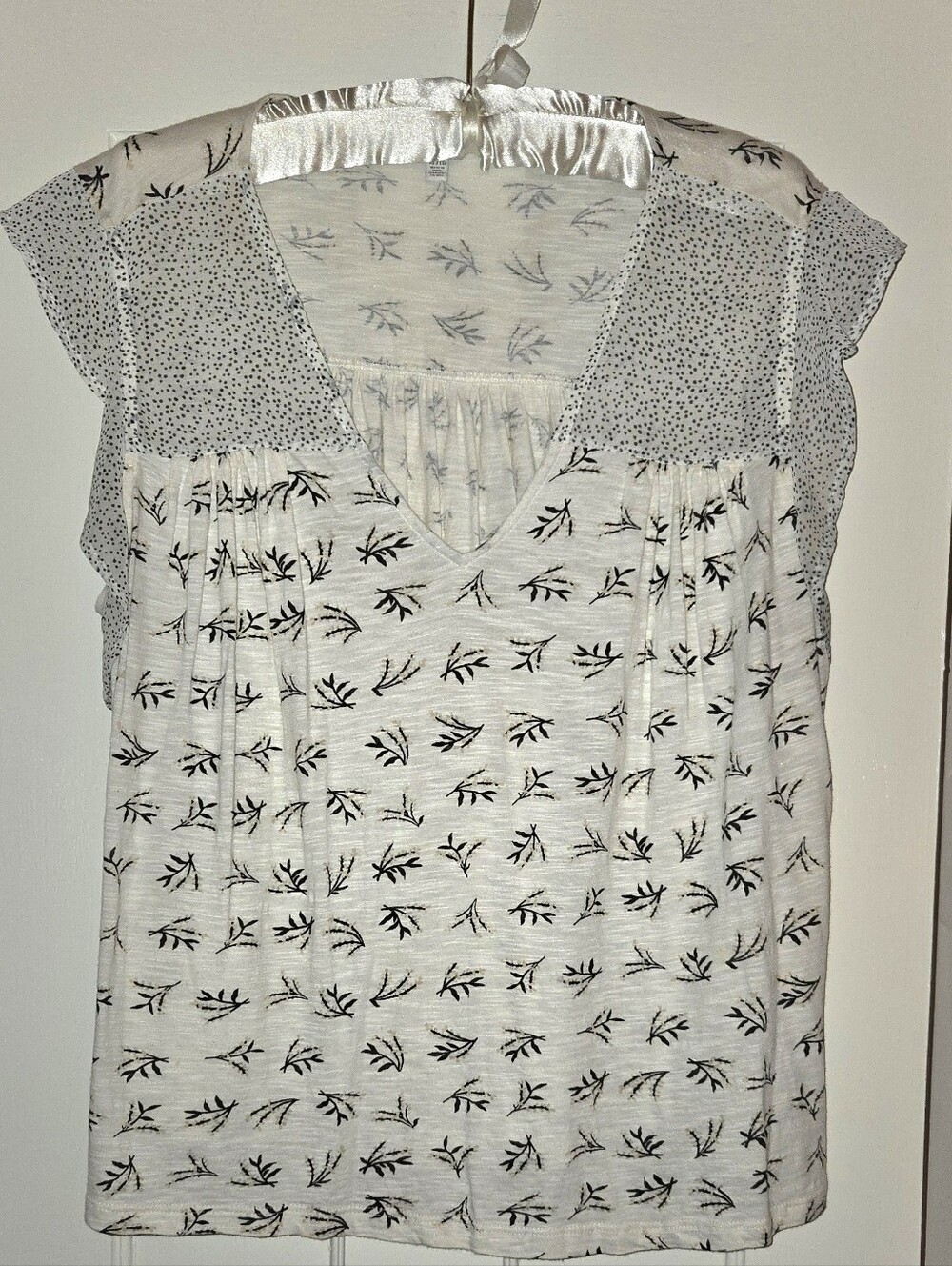 Lucky Brand Cream Blouse with Black Leaf Print and Dot Yoke